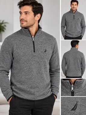 Nautica Men’s Heather Gray Quarter-Zip Sweater with Cream Inner Collar